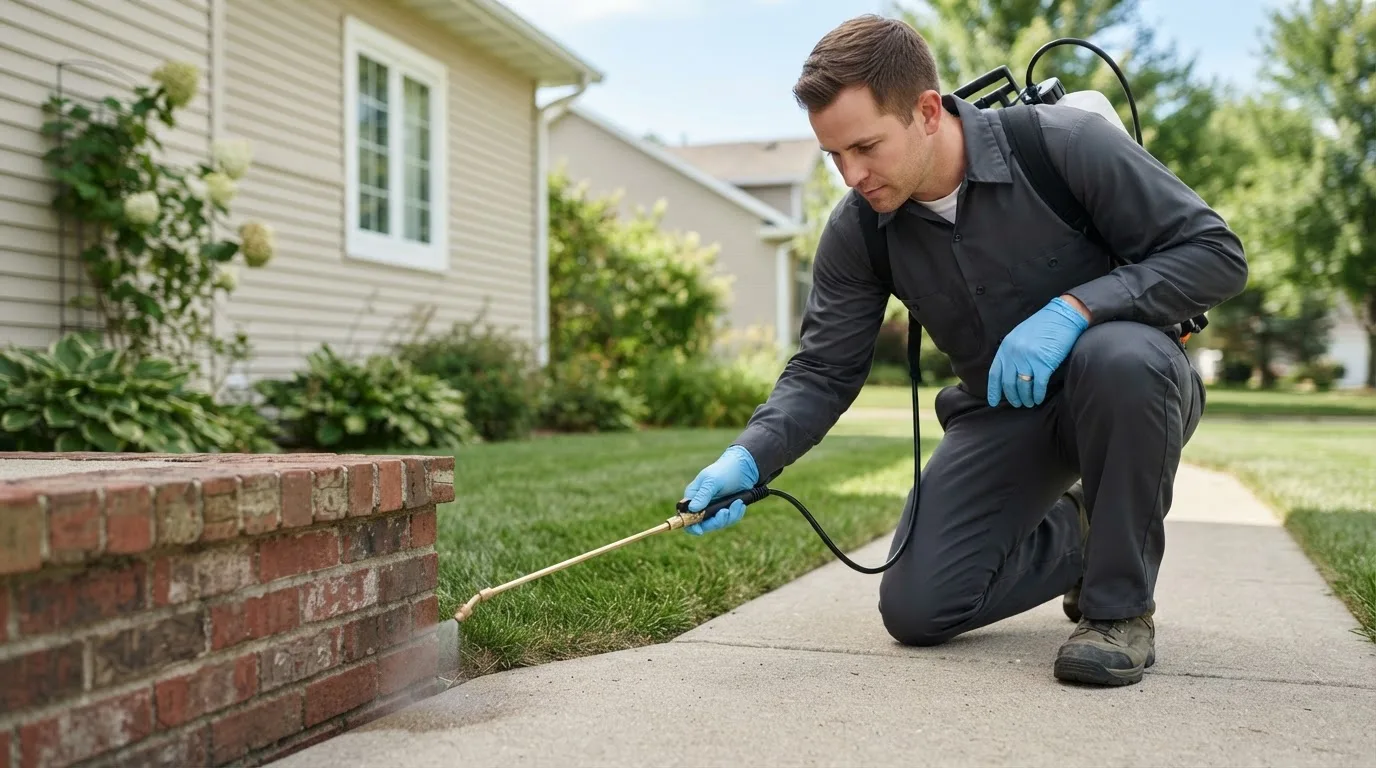 Pest control technician treating a home near Warren, NH